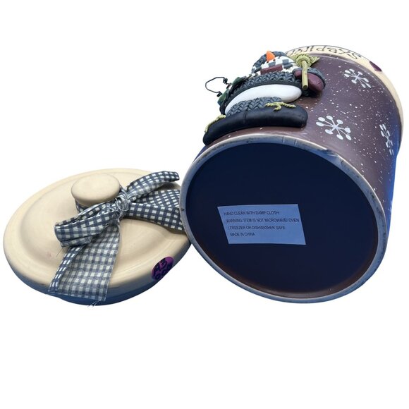 Happy Holidays 3D Snowman Ceramic Cookie Jar Lid Bow 7" Brown Snowflake Design - Picture 11 of 12